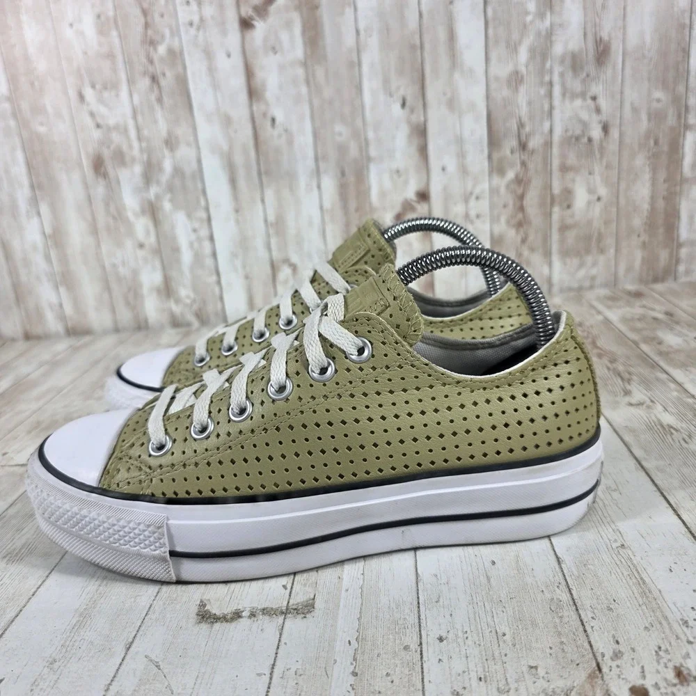 Converse Chuck Taylor All Star Lift Platform Olive Green Perforated Leather 8 - Picture 2 of 8